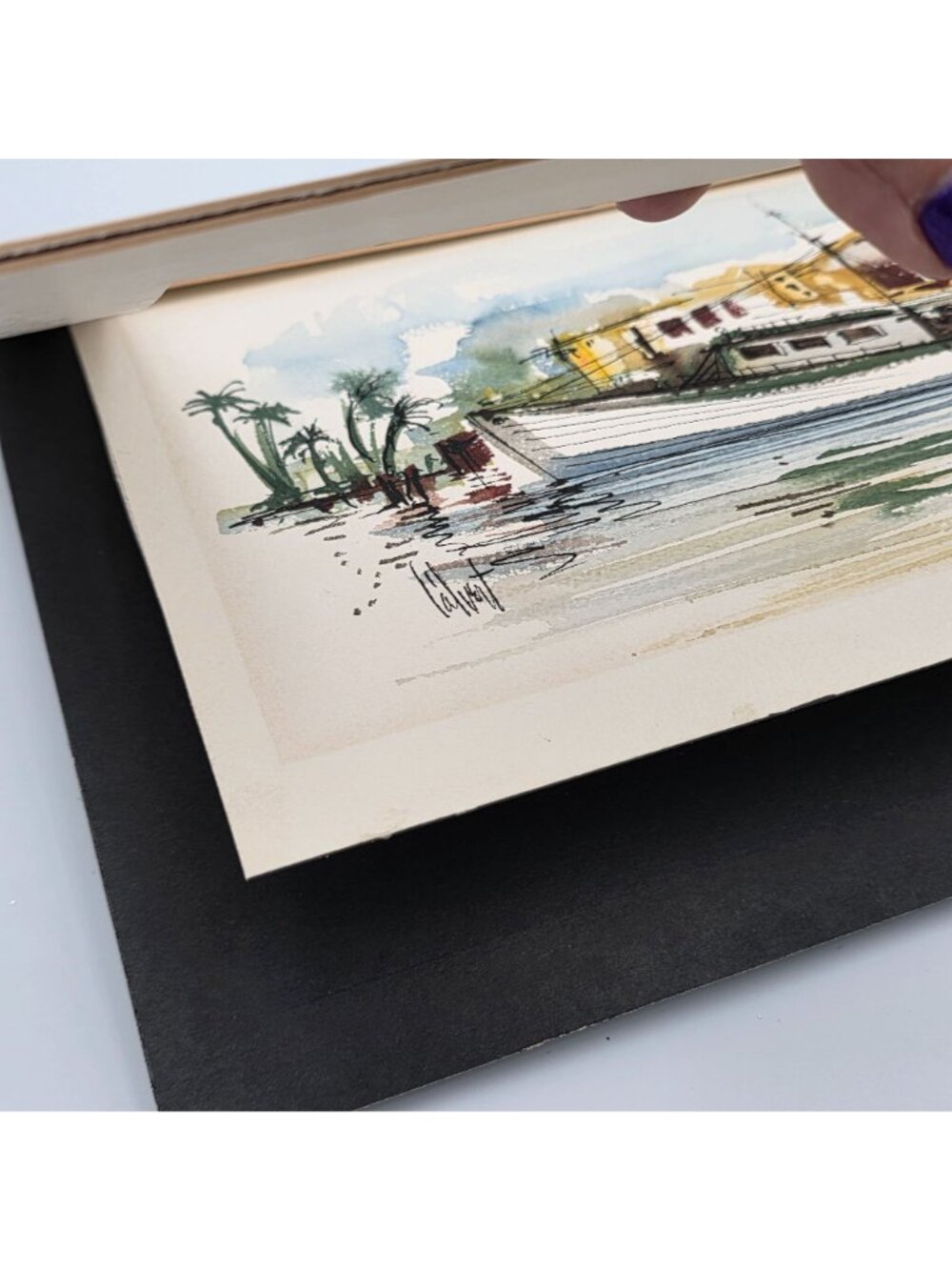 Original Watercolor Coastal Landscape Signed By Artist With Boat & Buildings - Picture 9 of 9